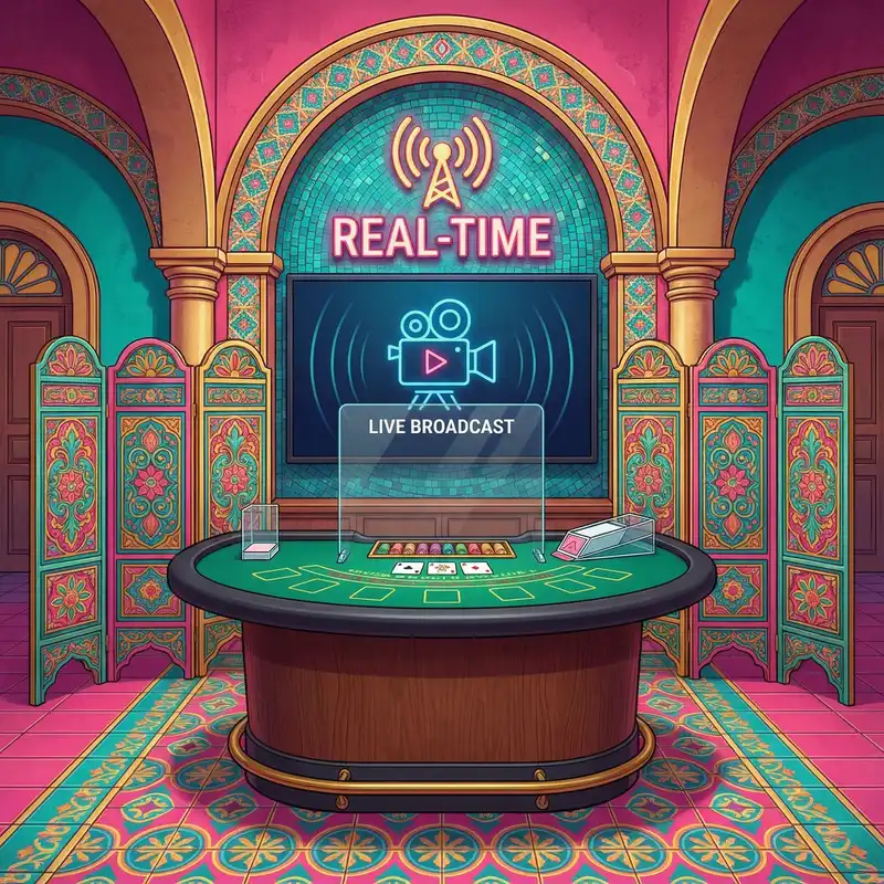 Mesa de casino en vivo con transmisión en tiempo real y diseño colorido mexicano